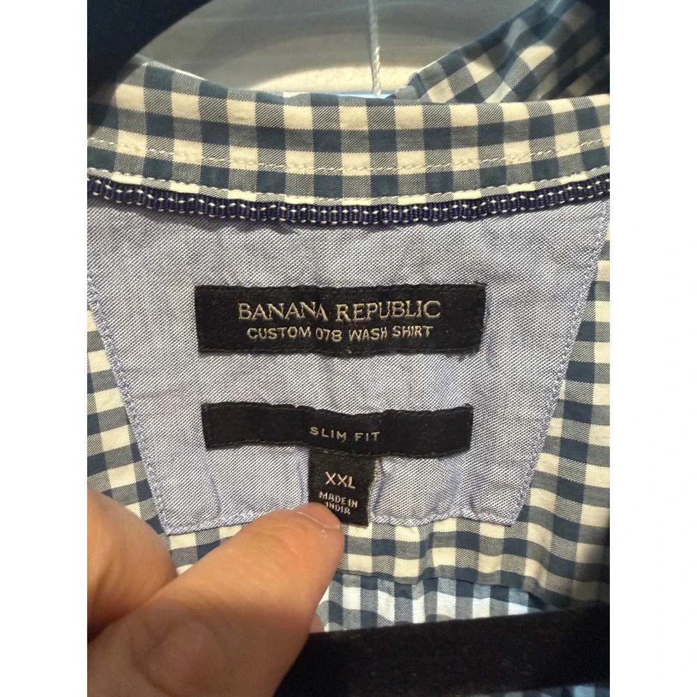 Banana Republic Mens XXL Slim Fit Custom 078 Wash Shirt Navy Gingham Button Down